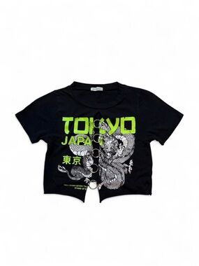 Black Crop Top With Dragon Tokyo Japan Design & Silver Rings in Between